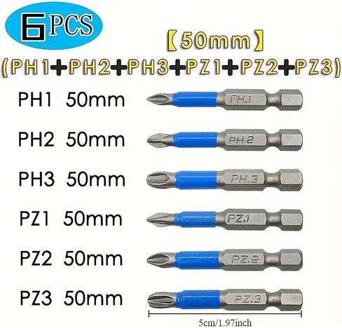 6pcs مضاد للانزلاق المغناطيسي (ph1 ، pz1 ، ph2 ، pz2 ، ph3 ، pz3) ، طول 50 مم ، 1/4 "سداسي سداسي ، بتات الحفر المفردة للبراغي الكهربائية in Saudi Arabia