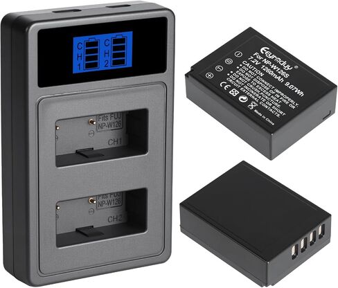 NP-W126 2 Pack Battery Dual-Slot Fast Charger 1300 mAh and Charger for Fujifilm XM5, X100VI, X100V, XS10, XT30, XT30 II, XT20, XE4, A5, Type-C and Micro-USB Input (NP-W126) in Kuwait