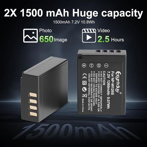 NP-W126 2 Pack Battery Dual-Slot Fast Charger 1300 mAh and Charger for Fujifilm XM5, X100VI, X100V, XS10, XT30, XT30 II, XT20, XE4, A5, Type-C and Micro-USB Input (NP-W126) in Kuwait