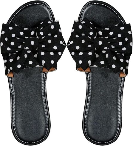 WDIRARA Women's Polka Dots Sandals Slide Flats Open Toe Slip on Leather | Bow, Summer, Vacation, Dressy, Elegant Flat in Saudi Arabia