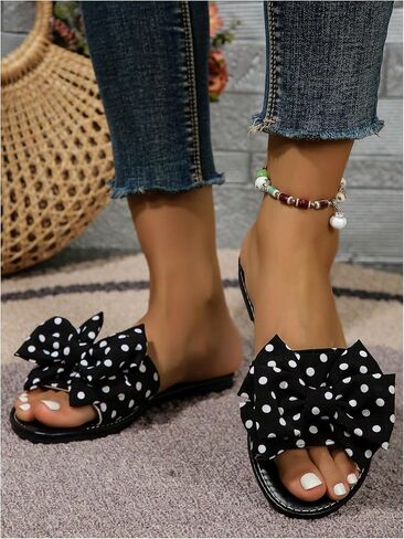 WDIRARA Women's Polka Dots Sandals Slide Flats Open Toe Slip on Leather | Bow, Summer, Vacation, Dressy, Elegant Flat in Saudi Arabia