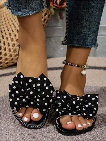WDIRARA Women's Polka Dots Sandals Slide Flats Open Toe Slip on Leather | Bow, Summer, Vacation, Dressy, Elegant Flat in Saudi Arabia