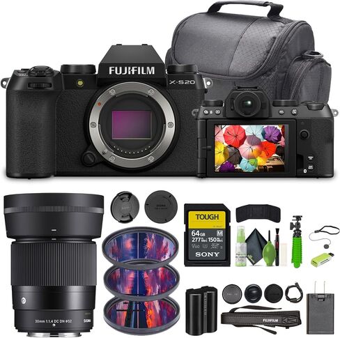 Fujifilm X-S20 Professional Compact Digital Mirrorless Camera Body ، Black ، حزمة مع Sigma 30mm F/1.4 DC DN عدسة معاصرة FUJI X + 64GB in Saudi Arabia