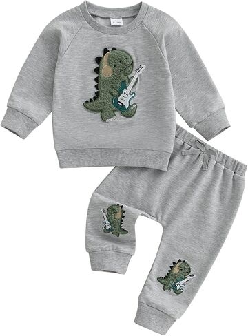 Wztyyds Toddler Boy Fall Closey Dinosaur Guitar Embroidery Long Pullover Sweatshirt Pants مجموعات 2PCS الشتاء الزي الشتوي in Saudi Arabia