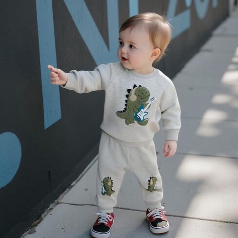 Wztyyds Toddler Boy Fall Closey Dinosaur Guitar Embroidery Long Pullover Sweatshirt Pants مجموعات 2PCS الشتاء الزي الشتوي in Saudi Arabia