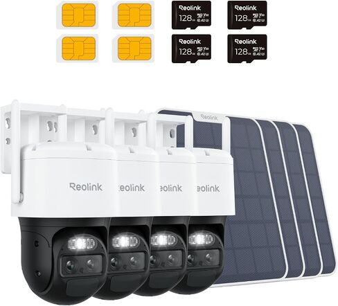 Reolink 4K 4G LTE Dual Lens Cellular Security Camera +128GB SD CARD - 4PACK ، تتبع تلقائي ، لا يعمل بالطاقة الشمسية WIFI ، ZOOM الهجينة 6x ، رؤية ليلية ملونة 8 ميجابكسل ، بطاقة SIM ، Trackmix LTE Solar Kits in Saudi Arabia