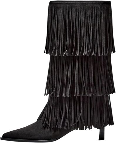 vertundy women's fringe boots kenel inchten heel مدبّن إصبع القدمين بوتس بوتس بوتس تصميم أحذية من جلد الغزال الأزياء in Kuwait
