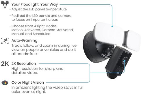 Lorex 2K Wi-Fi Floodlight Camera with Adjustable LEDs, Smart Motion Detection, 2-Way Talk, Color Night Vision, Black in Saudi Arabia