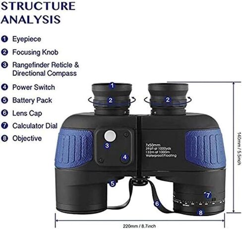 Portable Telescope,Monocular Telescope, 10X50 Binoculars for Adults Binoculars Waterproof Fogproof with Compass Rangefinder BAK4 Prism Lens for Water Sports, in Saudi Arabia