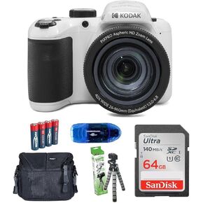 تشمل حزمة الكاميرا الرقمية Kodak Pixpro AZ405: بطاقة ذاكرة Sandisk 64GB SDXC ، حقيبة كاميرا صغيرة ، قارئ بطاقة SD والمزيد (6 عناصر) (أبيض) in Kuwait