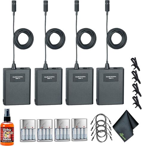 صوتي-Technica Pro 70 Microphone Cardioid Lavalier (حزمة من 4) + GOBY LABS منظف الميكروفون + حزمة من 4 10 قدم XLR كابل + حزمة 4xaa مع شاحن + المزيد in Kuwait