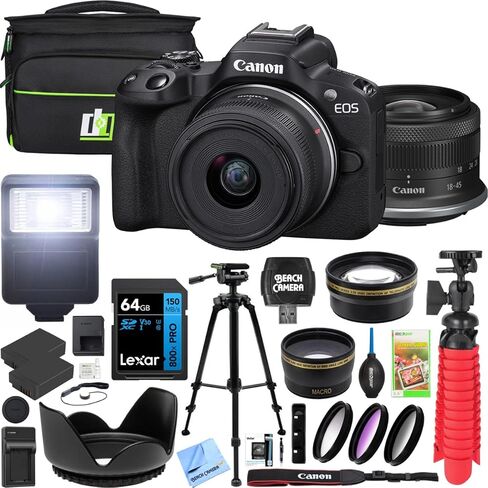 Canon EOS R50 Mirrorless Camera (أسود) مع RF-S 18-45mm F4.5-6.3 هي حزمة STM Lens 5811C012 مع حقيبة التصوير الفوتوغرافي DECO + 2 بطارية + ترايبود + علامات زاوية واسعة in Kuwait