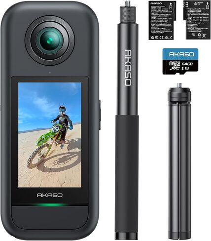 AKASO 360 Weatherproof 360° Action Camera with 64GB MicroSD Card and Extendable Selfie Stick Tripod Bundle in Saudi Arabia