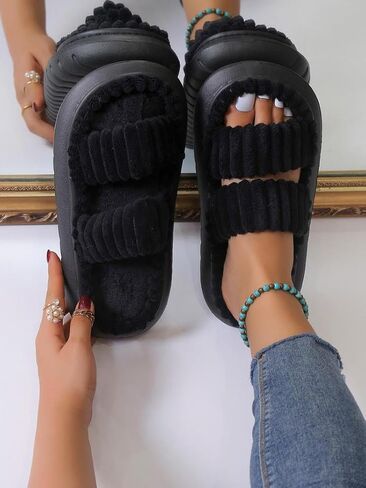 Minimalist Fluffy Slippers, Soft Comfort Warm Open Toe Bedroom Sandals for Gifts, Bedroom Slippers for Fall & Winter, Flats for Women 2025, Mother's Day Gifts in Kuwait