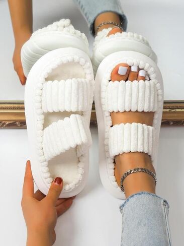 Minimalist Fluffy Slippers, Soft Comfort Warm Open Toe Bedroom Sandals for Gifts, Bedroom Slippers for Fall & Winter, Flats for Women 2025, Mother's Day Gifts in Kuwait