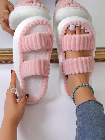Minimalist Fluffy Slippers, Soft Comfort Warm Open Toe Bedroom Sandals for Gifts, Bedroom Slippers for Fall & Winter, Flats for Women 2025, Mother's Day Gifts in Kuwait