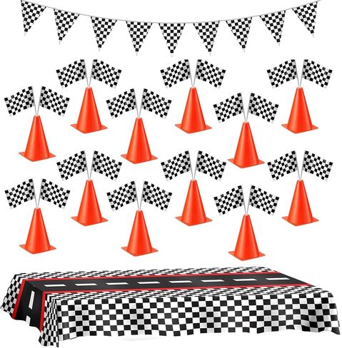 Traffic Cones and Racing Checkered Flags - (24 Pcs) 12 - Black and White Flags on Sticks and 12-7-Inch Mini Orange Sports Safety Cones for Kids - Race Car Theme Birthday Party Supplies in Kuwait