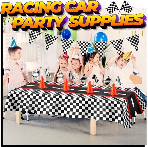 Traffic Cones and Racing Checkered Flags - (24 Pcs) 12 - Black and White Flags on Sticks and 12-7-Inch Mini Orange Sports Safety Cones for Kids - Race Car Theme Birthday Party Supplies in Kuwait