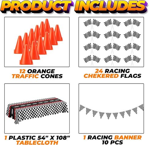 Traffic Cones and Racing Checkered Flags - (24 Pcs) 12 - Black and White Flags on Sticks and 12-7-Inch Mini Orange Sports Safety Cones for Kids - Race Car Theme Birthday Party Supplies in Kuwait