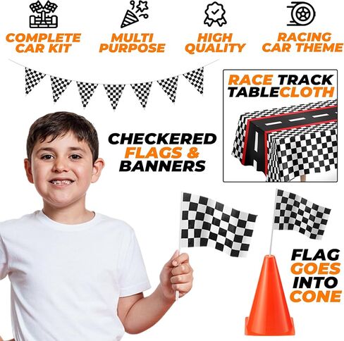 Traffic Cones and Racing Checkered Flags - (24 Pcs) 12 - Black and White Flags on Sticks and 12-7-Inch Mini Orange Sports Safety Cones for Kids - Race Car Theme Birthday Party Supplies in Kuwait