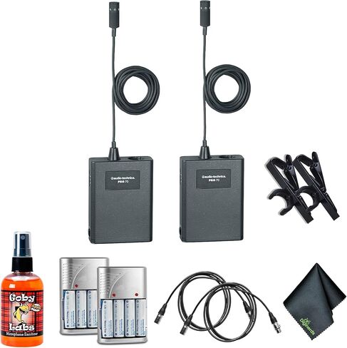 Audio-Technica Pro 70 Microphone Cardioid Lavalier (حزمة من 2) + GOBY LABS Microphone Cleaner + حزمة 2 10 قدم XLR + حزمة من بطاريات 2 4xaa مع شاحن + أكثر in Kuwait