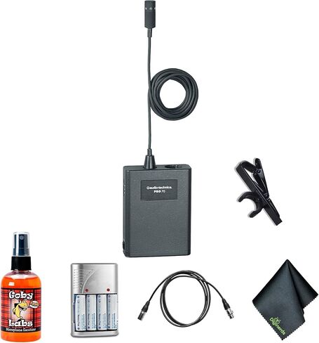 Audio-Technica Pro 70 Cardioid Lavalier Microphone + Microfiber Cleaning Cloth + Goby Labs Cleaner + 10 ft XLR Cable + 4xaa بطاريات مع شاحن in Kuwait