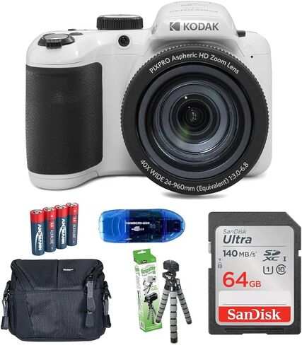 تشمل حزمة الكاميرا الرقمية Kodak Pixpro AZ405: بطاقة ذاكرة Sandisk 64GB SDXC ، حقيبة كاميرا صغيرة ، قارئ بطاقة SD والمزيد (6 عناصر) (أبيض) in Kuwait