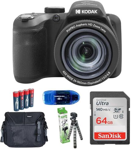 تشمل حزمة الكاميرا الرقمية Kodak Pixpro AZ405: بطاقة ذاكرة Sandisk 64GB SDXC ، حقيبة كاميرا صغيرة ، قارئ بطاقة SD والمزيد (6 عناصر) (أبيض) in Kuwait