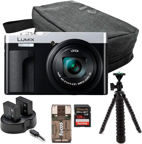 Panasonic Lumix ZS99 30x Point Point Compact Digital Camera (Silver) مع بطاقة ذاكرة تبلغ 128 جيجابايت ، وحالة سفر للتخزين ، والبطارية والشاحن المزدوج ، وعربة العنكبوت ، وقارئ البطاقات (6 عناصر) in Kuwait