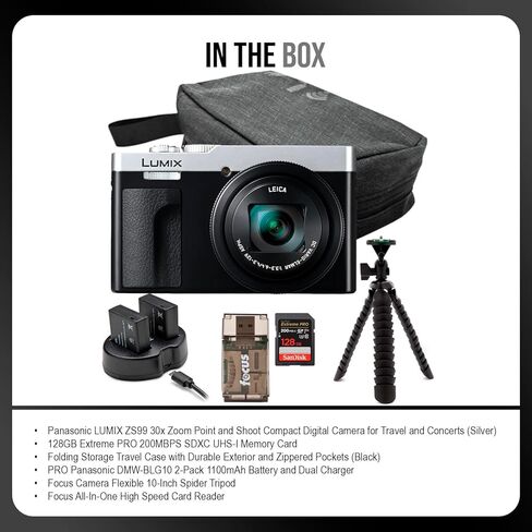 Panasonic Lumix ZS99 30x Point Point Compact Digital Camera (Silver) مع بطاقة ذاكرة تبلغ 128 جيجابايت ، وحالة سفر للتخزين ، والبطارية والشاحن المزدوج ، وعربة العنكبوت ، وقارئ البطاقات (6 عناصر) in Kuwait