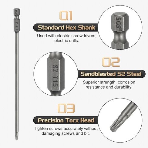 HARFINGTON 3pcs T20 Torx Head Screwdriver Bit 1/4" Hex Shank 6" (150mm) Long Magnetic No Hole Tip Tamper Proof 6 Point Star Screw Driver Drill Bits S2 Steel Industrial Power Screwdrivers in Saudi Arabia