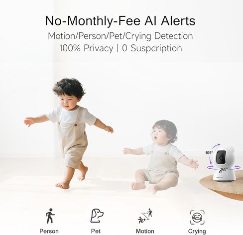 2.5K Security Camera Indoor, Non-Subscription AI Person/Pet/Cry Detection, 4MP Pet/Dog/Cat Camera w/Phone App, Pan Tilt 2.4GHz WiFi Cameras for Home Security, IR Night Vision, Full Duplex 2-Way Audio in Kuwait