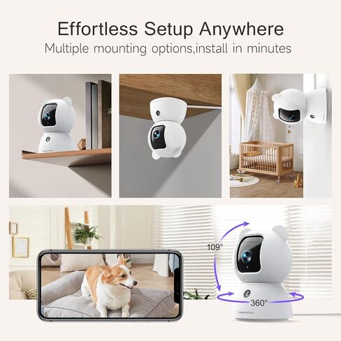 2.5K Security Camera Indoor, Non-Subscription AI Person/Pet/Cry Detection, 4MP Pet/Dog/Cat Camera w/Phone App, Pan Tilt 2.4GHz WiFi Cameras for Home Security, IR Night Vision, Full Duplex 2-Way Audio in Kuwait