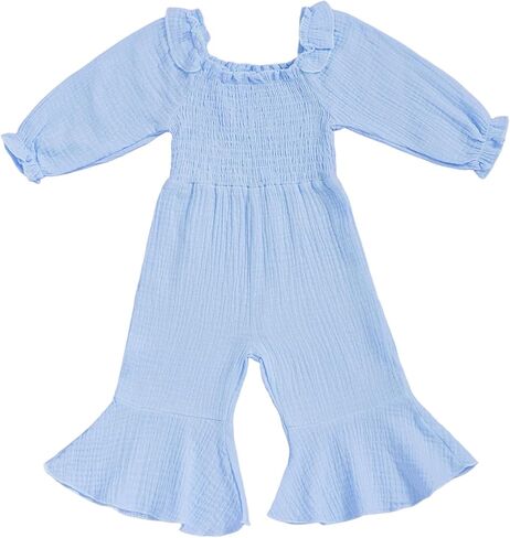 Emmababy Linen Smocked Romper Toddler Bell Bottom Jumpsuit Baby Girl Flare Overalls Solid Long Sleeve Off Shoulder Romper in Kuwait