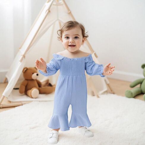 Emmababy Linen Smocked Romper Toddler Bell Bottom Jumpsuit Baby Girl Flare Overalls Solid Long Sleeve Off Shoulder Romper in Kuwait