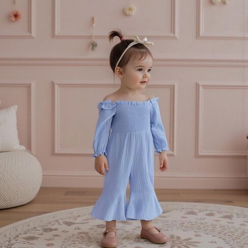 Emmababy Linen Smocked Romper Toddler Bell Bottom Jumpsuit Baby Girl Flare Overalls Solid Long Sleeve Off Shoulder Romper in Kuwait