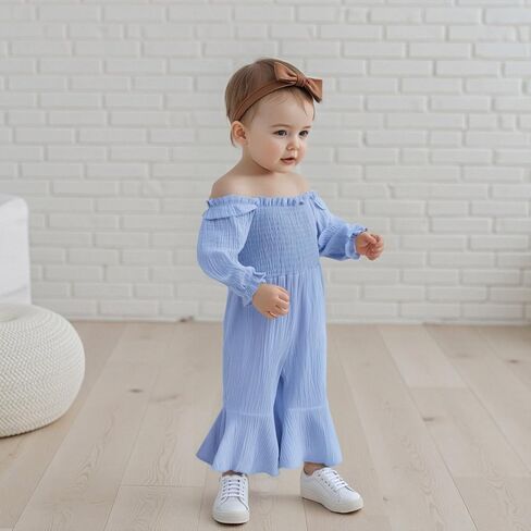 Emmababy Linen Smocked Romper Toddler Bell Bottom Jumpsuit Baby Girl Flare Overalls Solid Long Sleeve Off Shoulder Romper in Kuwait