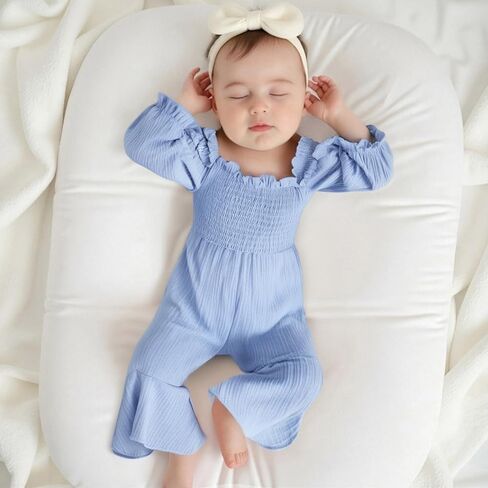 Emmababy Linen Smocked Romper Toddler Bell Bottom Jumpsuit Baby Girl Flare Overalls Solid Long Sleeve Off Shoulder Romper in Kuwait