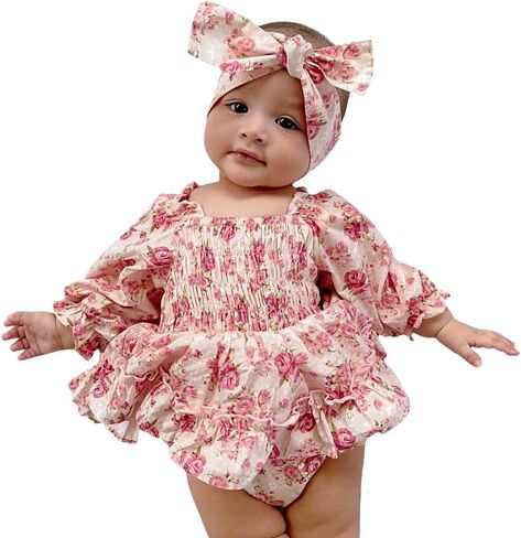 Newborn Infant Baby Girl Clothes Rompers Summer Jumpsuits Bodysuit+Headband Short Sleeve Playsuits in Kuwait