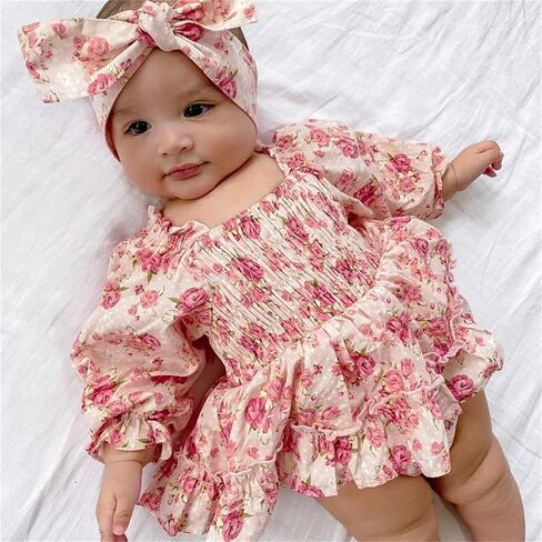 Newborn Infant Baby Girl Clothes Rompers Summer Jumpsuits Bodysuit+Headband Short Sleeve Playsuits in Kuwait