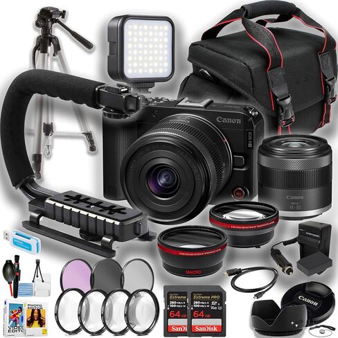 Canon EOS R50V Mirrorless Camera w/ 14-30mm عدسة + مصباح LED + U-Grip + 50 بوصة ترايبود + 2PC Sandisk 64GB Pro Card + More (23pc Bundle) (متجدد) in Saudi Arabia