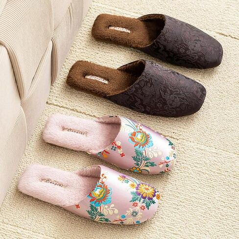 Silk Embroidered Slippers Women Retro Brocade Upper Mesh and Fuzzy Lining Anti-Slip Soles Indoor Slippers in Saudi Arabia