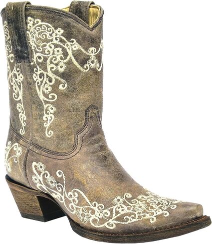 Corral Women's 9-inch Brown Crater Bone Embroidery Snip Toe Short Leather Boots - 11 B in Saudi Arabia