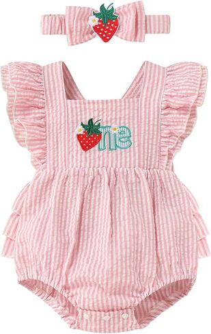 ODASDO Baby Girls Strawberry/Ice Cream/Donut 1st Birthday Cake Smash Outfit Ruffled Romper with Headband Set in Saudi Arabia