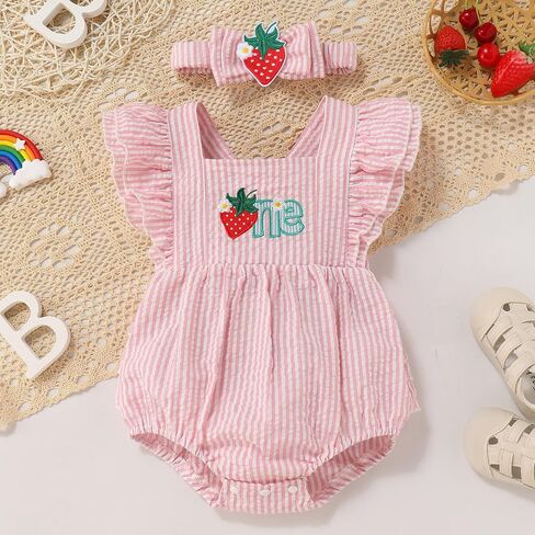 ODASDO Baby Girls Strawberry/Ice Cream/Donut 1st Birthday Cake Smash Outfit Ruffled Romper with Headband Set in Saudi Arabia