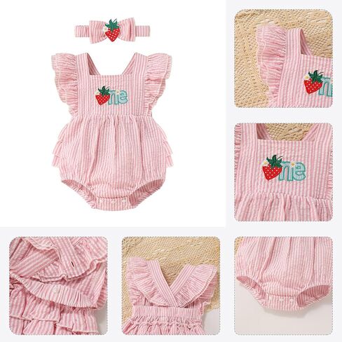 ODASDO Baby Girls Strawberry/Ice Cream/Donut 1st Birthday Cake Smash Outfit Ruffled Romper with Headband Set in Saudi Arabia
