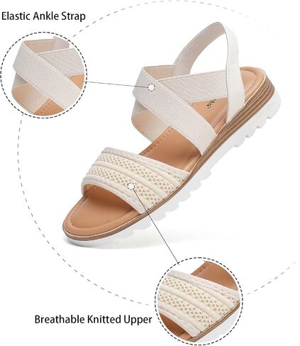 Saidoteto Women's Flat Sandals,Comfortable Elastic Ankle Strap Slingback Slip-On Open Toe Low Wedge Walking Sandals for Summer & Casual in Saudi Arabia