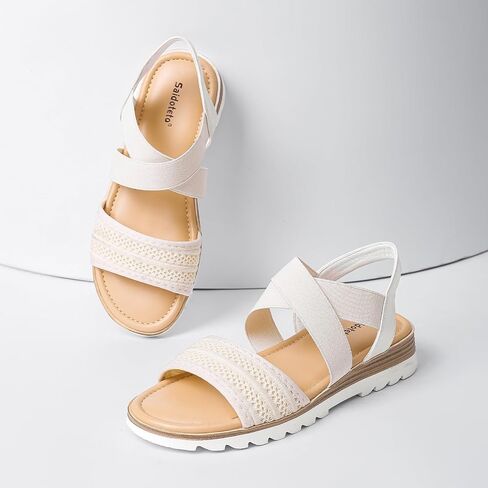 Saidoteto Women's Flat Sandals,Comfortable Elastic Ankle Strap Slingback Slip-On Open Toe Low Wedge Walking Sandals for Summer & Casual in Saudi Arabia