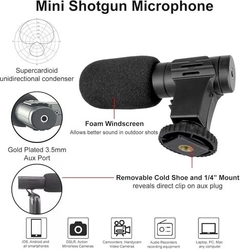 Universal Mini Shotgun Microphone for Smartphones, Camcorders, Camera Microphone for DSLR for YouTube, Vlogging, Live Stream, Tiktok & Filming with 3.5mm Plug Cable in Kuwait