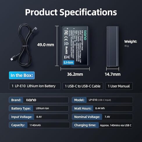 llano 2-Pack LP-E10 Batteries with USB-C Fast Charging for Canon EOS Rebel T7 T6 T5 T3 T100 Kiss X50 X70 EOS 2000D 4000D 1100D 1200D - Fully decoded,1140mAh Real Huge Capacity,Replacement Battery Pack in Saudi Arabia